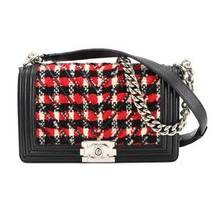 CHANEL Boy Chanel Chain Shoulder Bag Tweed Leather Black Red A67086 90283179
